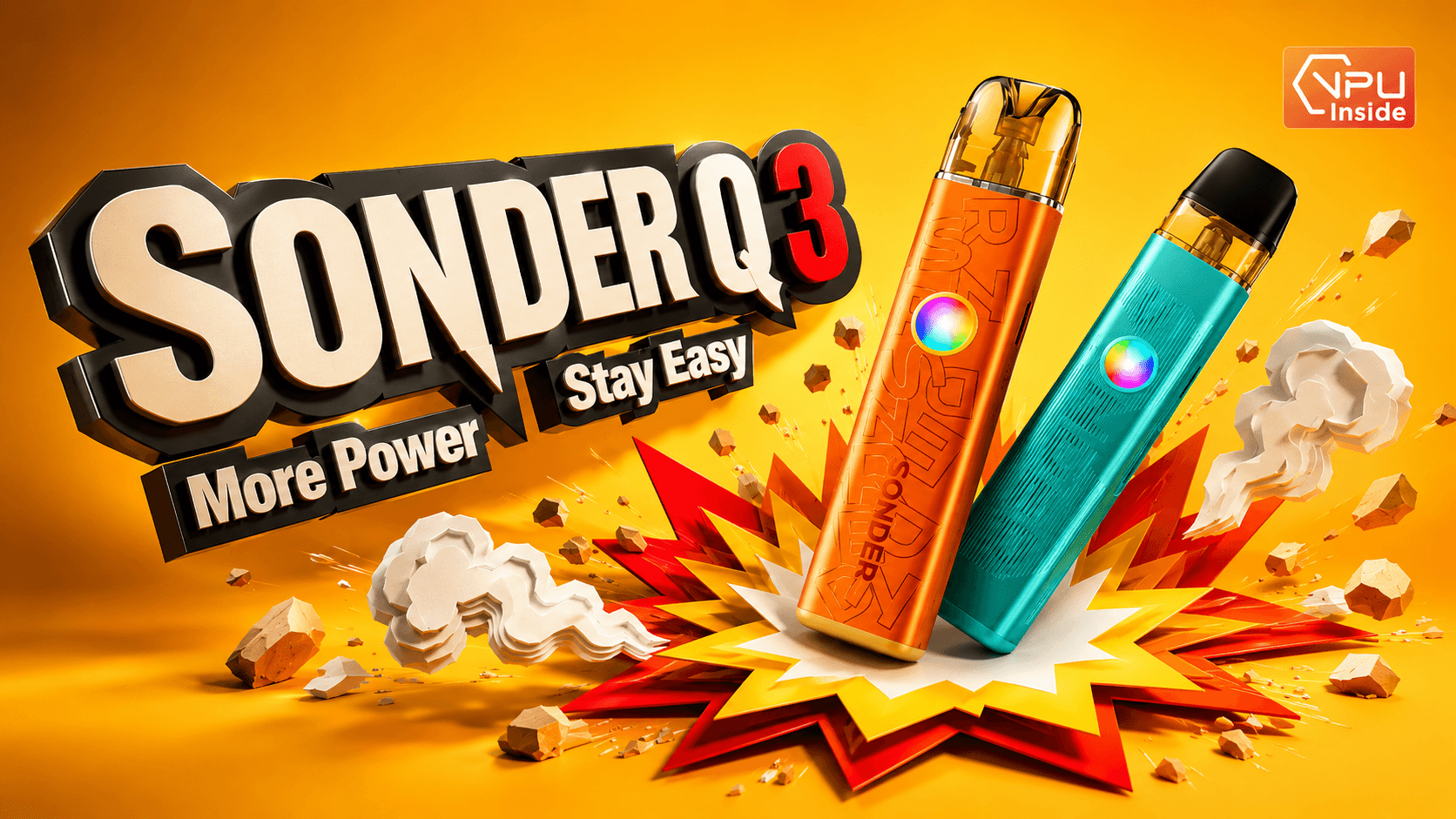 Sonder Q3 Pod Kit με NPU Inside σε 3D διαφημιστικό banner με δύο vape συσκευές, έντονο κίτρινο φόντο και εφέ έκρηξης.