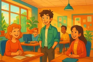 'Ατμισμα και Εργασία 3 Φωτεινό και πολύχρωμο γραφείο με ευχάριστη ατμόσφαιρα, όπου χαμογελαστοί εργαζόμενοι συνομιλούν και δουλεύουν σε cartoon/animation στυλ, με φυτά και μεγάλες τζαμαρίες στο φόντο.