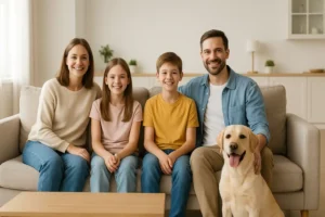 Χαρούμενη οικογένεια με δύο παιδιά και ένα σκύλο κάθεται σε καθαρό, φωτεινό και ευρύχωρο σαλόνι. Η υγιεινή ατμόσφαιρα του σπιτιού υπογραμμίζει τα οφέλη του ηλεκτρονικού τσιγάρου για την καθαριότητα, την υγεία και την ασφάλεια των παιδιών και των κατοικιδίων.