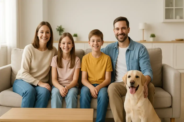 Ηλεκτρονικό Τσιγάρο στο Σπίτι 4 Χαρούμενη οικογένεια με δύο παιδιά και ένα σκύλο κάθεται σε καθαρό, φωτεινό και ευρύχωρο σαλόνι. Η υγιεινή ατμόσφαιρα του σπιτιού υπογραμμίζει τα οφέλη του ηλεκτρονικού τσιγάρου για την καθαριότητα, την υγεία και την ασφάλεια των παιδιών και των κατοικιδίων.